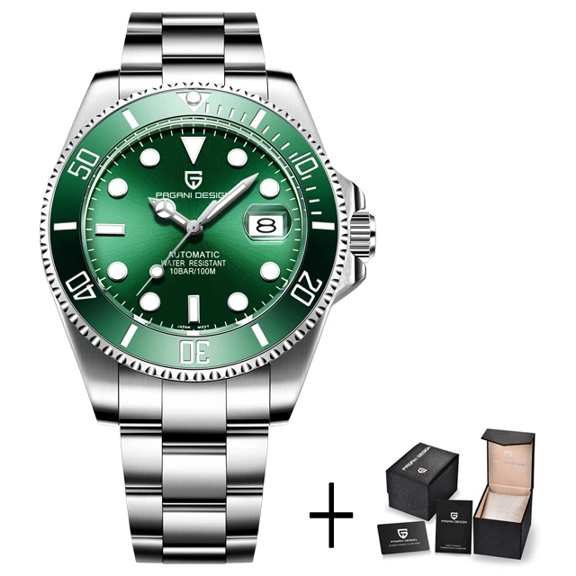 Pagani Дизайн Топ бренд для мужчин часы Дайвинг автоматические механические часы сталь Водонепроницаемый Бизнес Спортивные наручные часы для мужчин Relogio - Цвет: pagani silver green