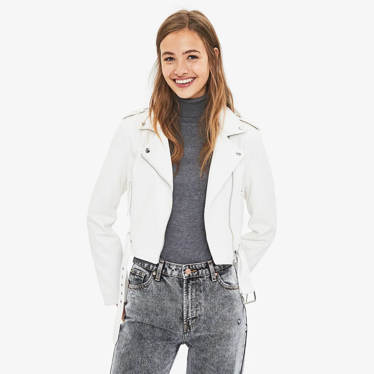 

Haoduoyi Simple Casual Jackets Short fang pi pu Metal Zipper Belt Long Sleeve Jacket 2019 Autumn