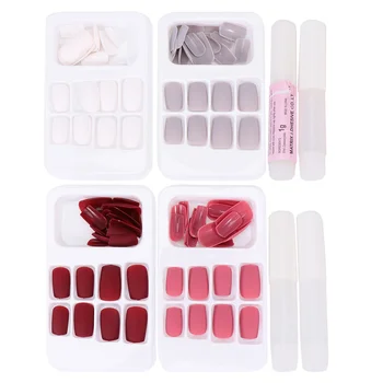 

96pcs Nails Pieces Flat Heads Fake Nails Pieces Dull Polishing Manicure Extension Pieces (Grey, White, Pink, Wine Red, Glue Sty
