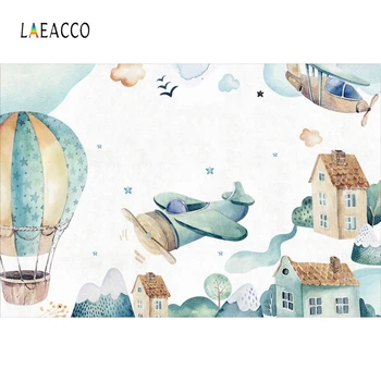 

Laeacco Hot Air Balloon Airplane Mountains House Cloud Birthday Photography Backdrops Photo Backgrounds Baby Children Photophone