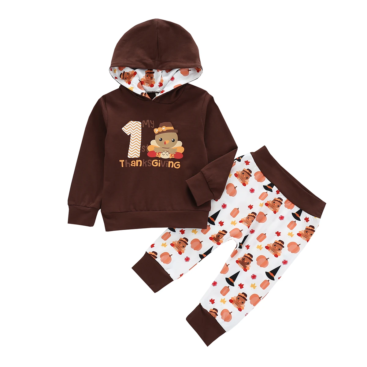 

2 Pieces Baby Girls Boys Thanksgiving Suit Set, Infant Kids Khaki Cartoon Bear Print Long Sleeve Hooded Top+ Trousers Set Outfit