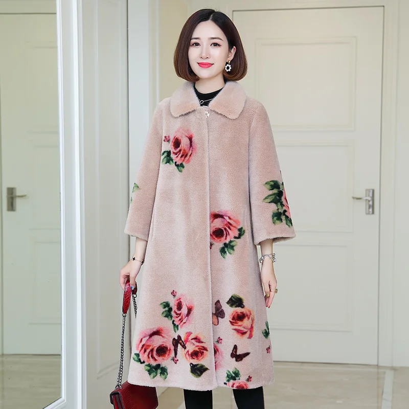 Real Sheep Shearling Fur Coat Winter Jacket Women Mink Collar 100% Wool Print Korean Long Manteau Femme MY | Женская одежда