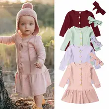 Новинка года; комплект из 2 предметов; вязаное платье для маленьких девочек платье принцессы на пуговицах с длинными рукавами комплект теплой зимней одежды для девочек с повязкой на голову