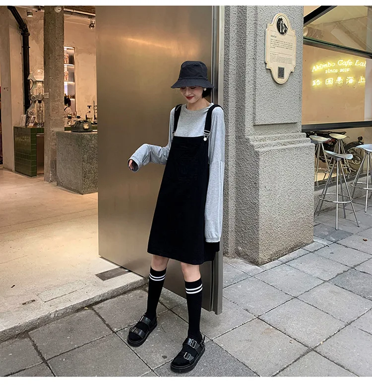 Strap Dress Women's Autumn New Style Korean-style Students Loose-Fit Slimming Black And White with Pattern GIRL'S Full Body