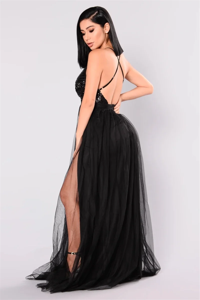 PFFLOOK Mesh Sequin Sexy Maxi Dress Women Deep V Neck Cross Back Backless Long Dress Elegant Sleeveless Solid Summer Party Dress