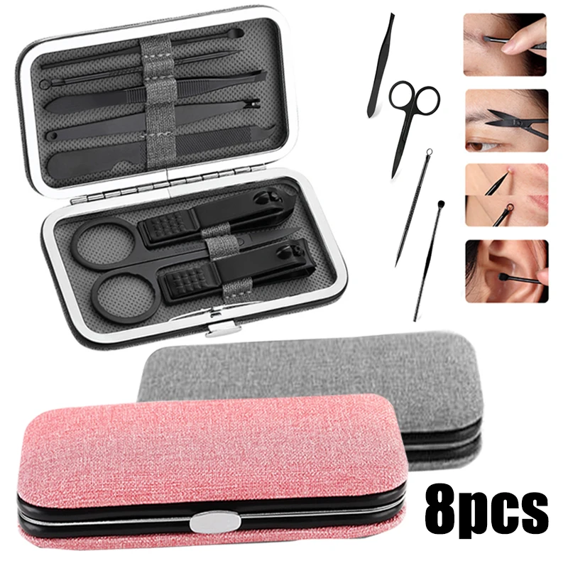 8 шт. Набор для маникюра, педикюра, набор для ухода за ногтями из нержавеющей стали, набор для стрижки ногтей, Черные ножницы для педикюра, пинцет, маникюрный набор