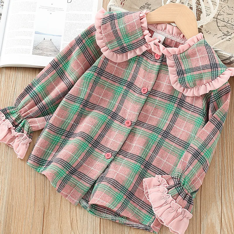 Korean-style KID'S Jacket Girls Lotus Leaf Lapel Shirt Autumn New Style Small CHILDREN'S Princess Plaid Long-sleeve Blouse