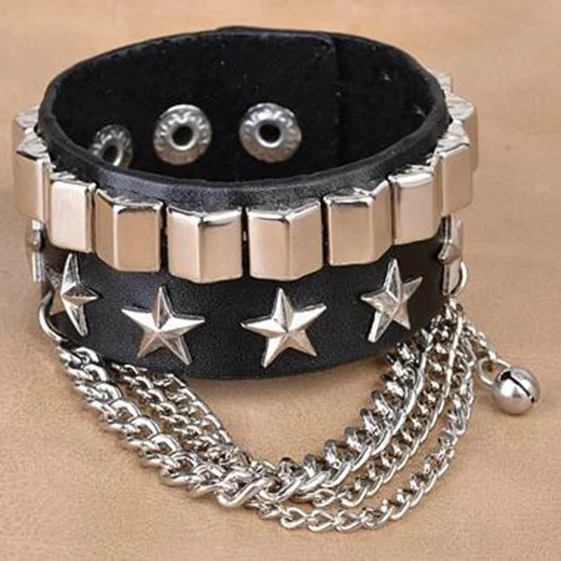 Skull Rivet Hip-Hop Hip Rock Multilayer Leather Metal Pentagram Chain Bracelet For Men