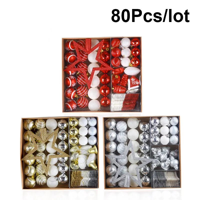 

80Pcs/lot Christmas Balls With Tree Top Sparkle Stars Hanging Ball Baubles Snowflake Christmas Tree Decoration Balls Ornament
