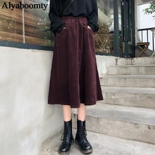 Japanese Mori Girl Autumn Winter Women Midi Skirt High Waist Solid Corduroy Jupe Femme Elegant Vintage Loose Pockets Chic Saias