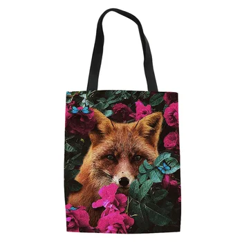 

2020 New Floral Fox Printing Foldable Ladies Shopping Bags Woman Canvas Storage Grocery Bag Reusable Eco-friendly Bag Handtas