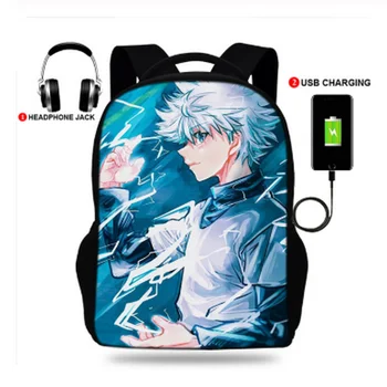 

17inch hunter x hunter baka killua Multifunctional Backpack USB Charging Earphone Laptop for Teenage Boys Girls School Backpacks