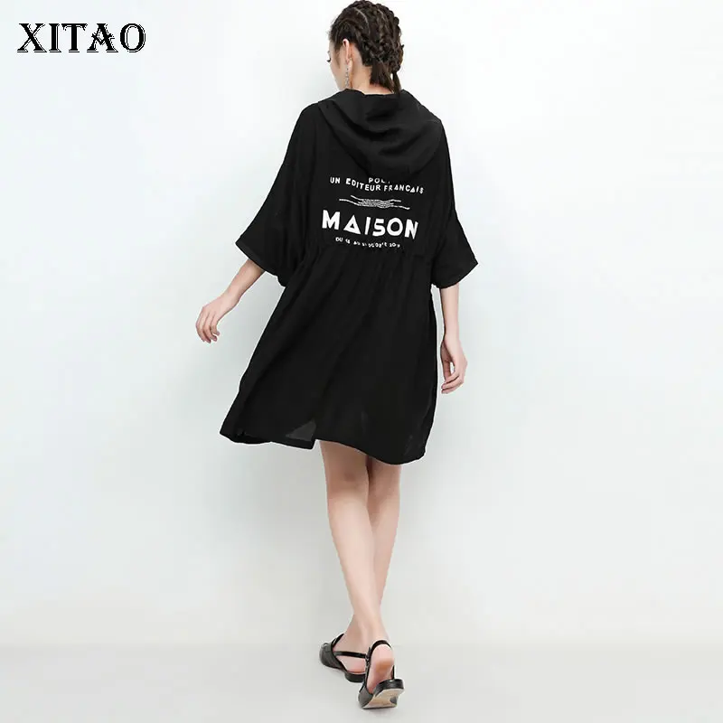 [XITAO] летняя Европейская мода, Новое поступление, женское платье с капюшоном, воротником, коротким рукавом, неровным принтом, буквенным принтом, выше колена, KZH353