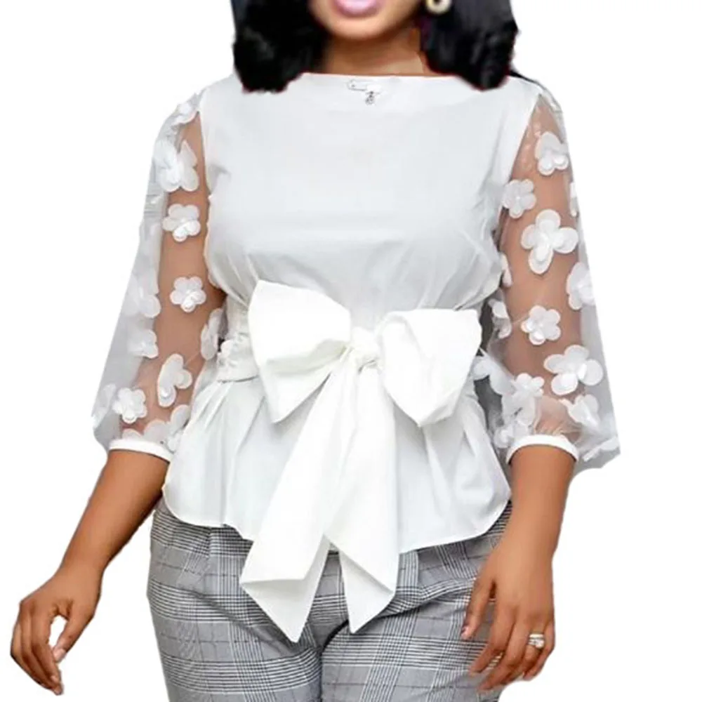 

Office Ladies Summer White Work Blouse Plus Size 2020 Women Tops Shirt Mesh Flower Bow Tie Slim Elegant Fashion Female Blouse