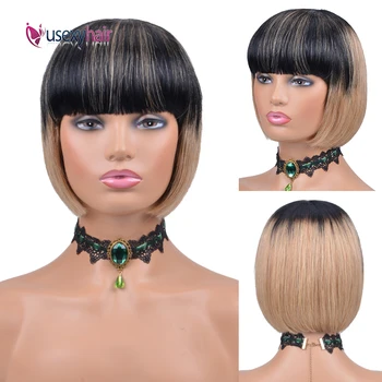 

Pixie Cut Straight Bob Wig Human Hair 1B/27 Ombre Brazilian Short Remy Wigs With Bangs 100% Human Hair Short Wigs 150% Density