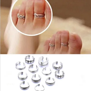 

12PCs Women Lady Unique Adjustable Opening Finger Ring Retro Carved Toe Ring Foot Beach Foot Jewelry anillos mujer