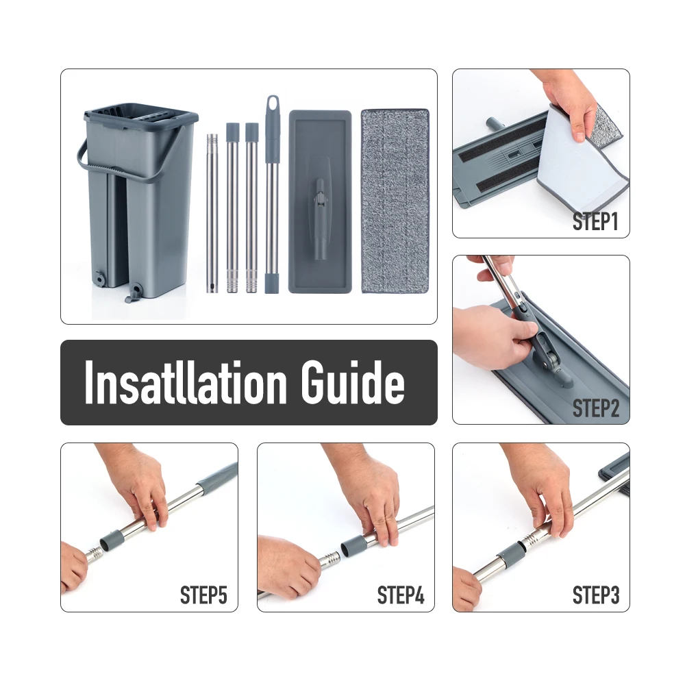 Hand Free Flat Floor Mop And Bucket Set For Professional Home Floor Cleaning System With Washable Microfiber Pads For Hardwood