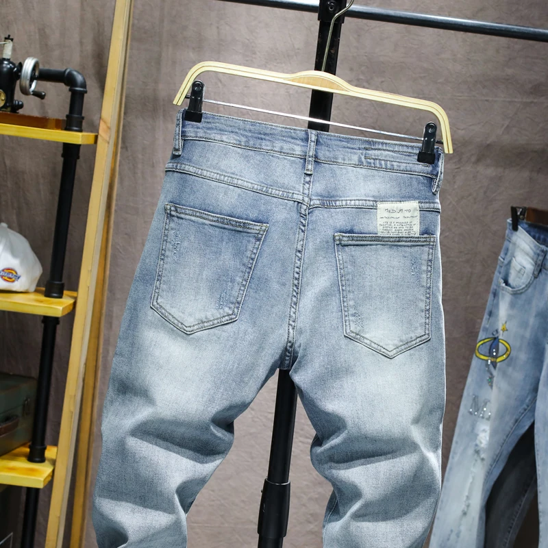 Skinny Jeans Men Stretch Light Blue Patchwork Midweight Fashion Denim Pants Slim Fit Men's Clothing