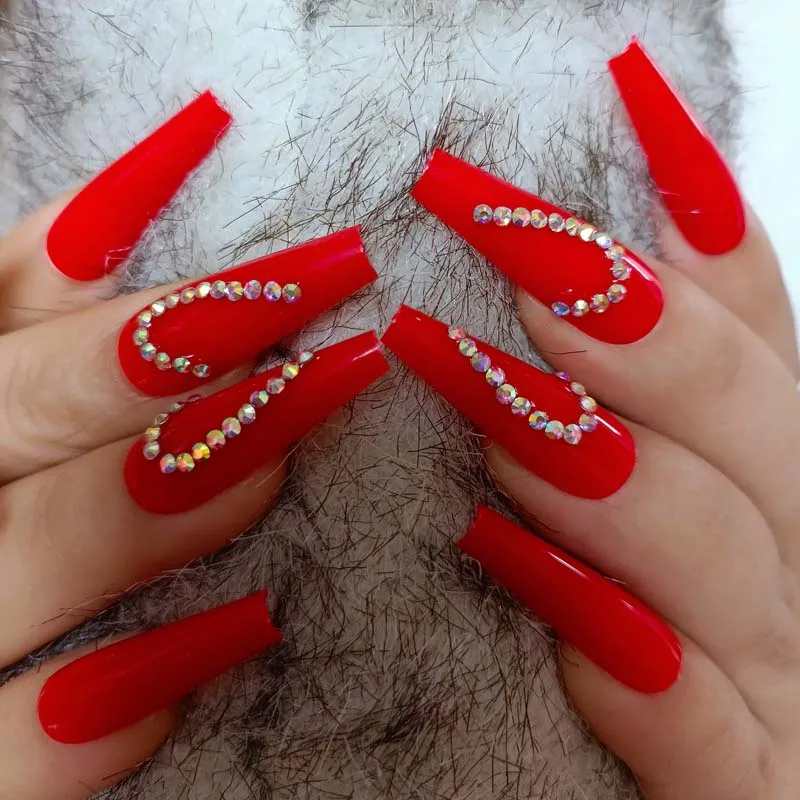 24pcs Latest Luxury Jewelry Ballet Coffin Fake Nails Crystal Diamond Red -  False Nails - AliExpress