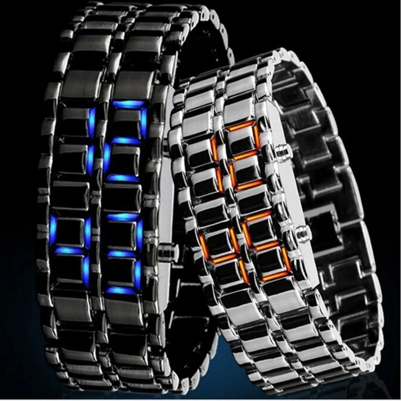 Fashion Black Silver Full Metal Digital Lava Wristwatch Men Red/Blue LED Display 