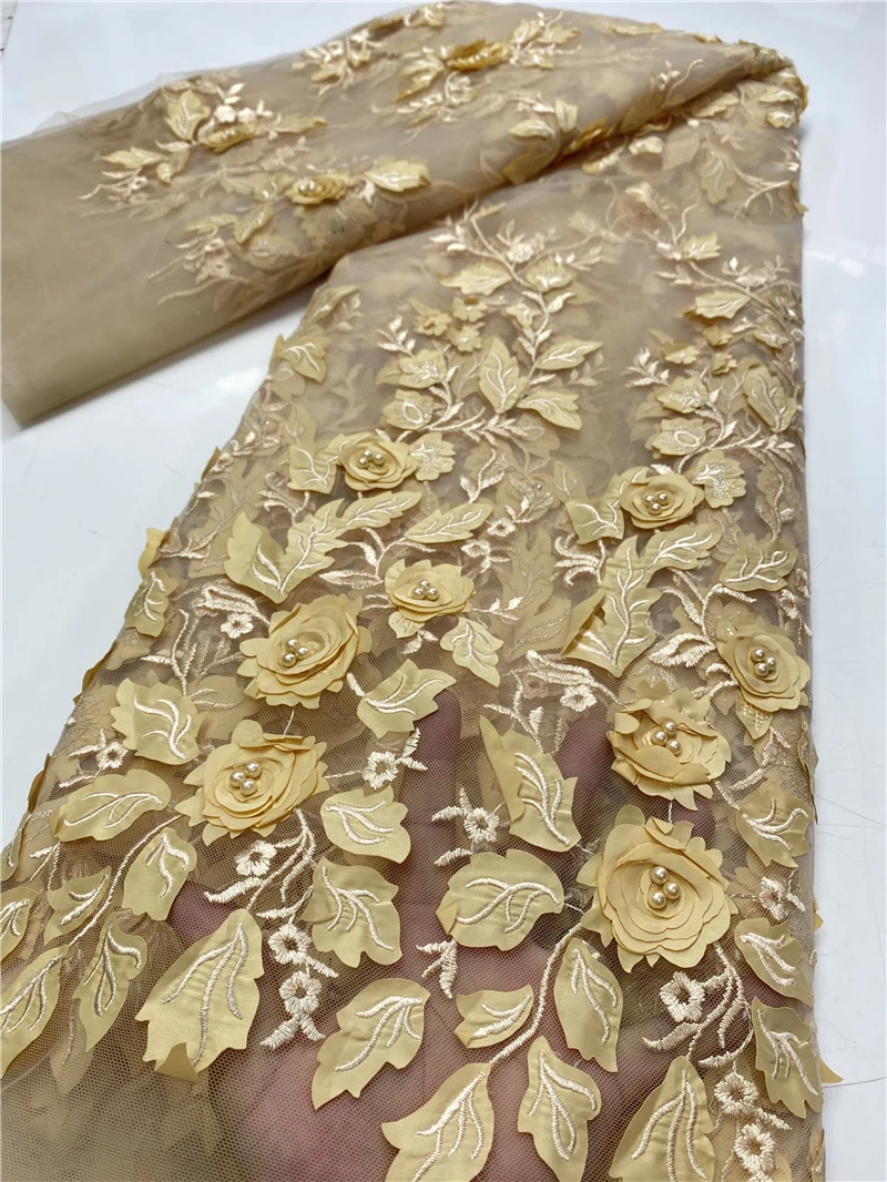 

African 3D Net Beaded Lace Fabric 2020 High Quality Lace French Nigerian Mesh Lace Fabrics For Wedding Dress Sewing YA3607B-3
