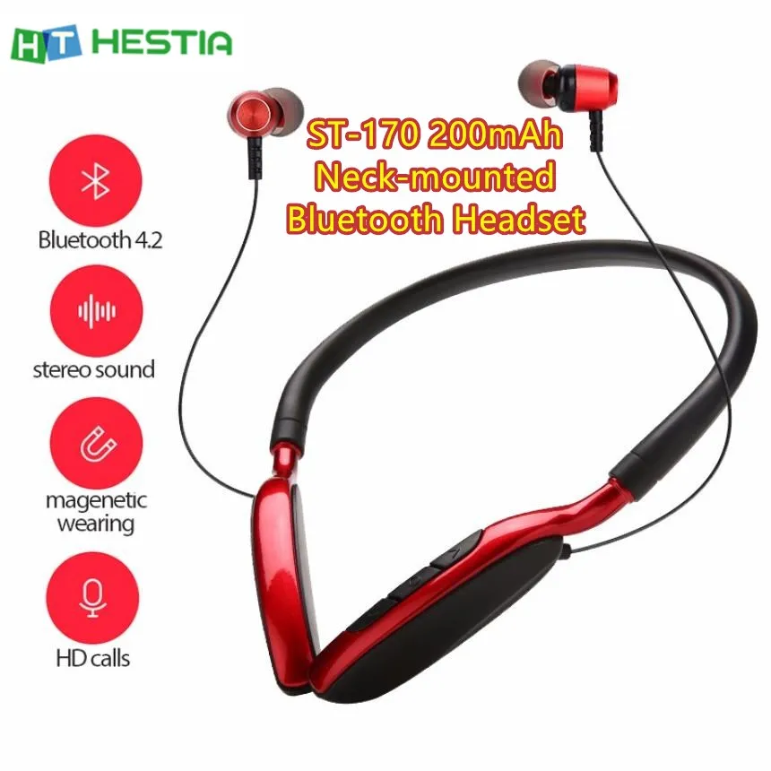 

ST-170 Neck-mounted Bluetooth Headset 200mAh HiFi Stereo Sound HD Calls Waterproof Earphone Support MP3 Card Headphone Earpieces
