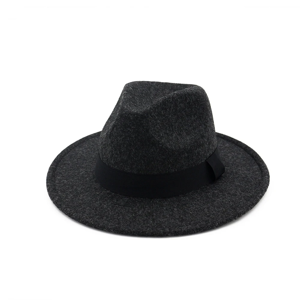 Dark Gray Мужская и Женская шерстяная шляпа Fedora с тканевым поясом широкая шляпа элегантная женская шляпа - Цвет: Dark Gray