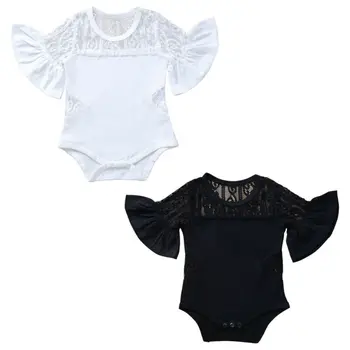 

Baby Infant Toddler Girls Cotton Romper Cute Solid Color Floral Lace Design Button Closure Jumpsuit Romper