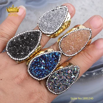 

5pcs Beautiful Druzy Gold Rings Jewelry,Raw Drusy Agates Teardrop Ring,Natural Druzy with Rhinestones Statement Rings for Gril
