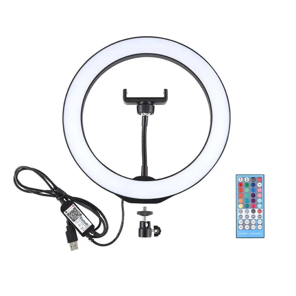 PULUZ 10,2 дюймов 26 см USB RGBW светодиодный светильник с регулируемой яркостью, кольцевой светильник Youtube для видеосъемки, светильник s& Phone Clamp& дистанционное управление - Цвет: Black