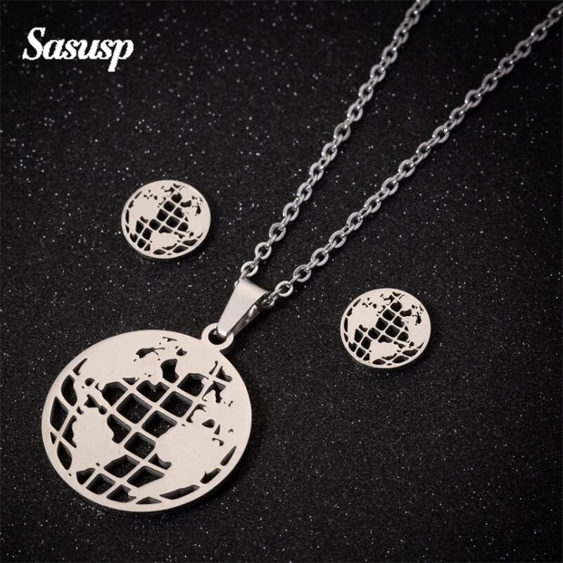 Sasusp, нержавеющая сталь, животные, геометрические наборы для женщин, цепочка, ожерелье, серьги-гвоздики для девочек, подарок на год - Окраска металла: World map Sets