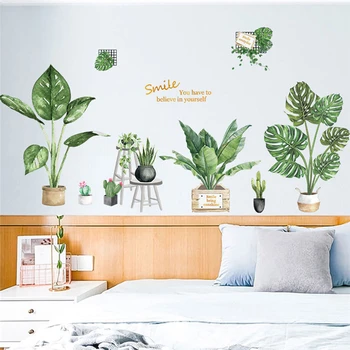 

Green Potted Plant Wall Sticker Home Living Room Fresh And Cool Decoration Mural Art Decals Bedroom Background Stickers