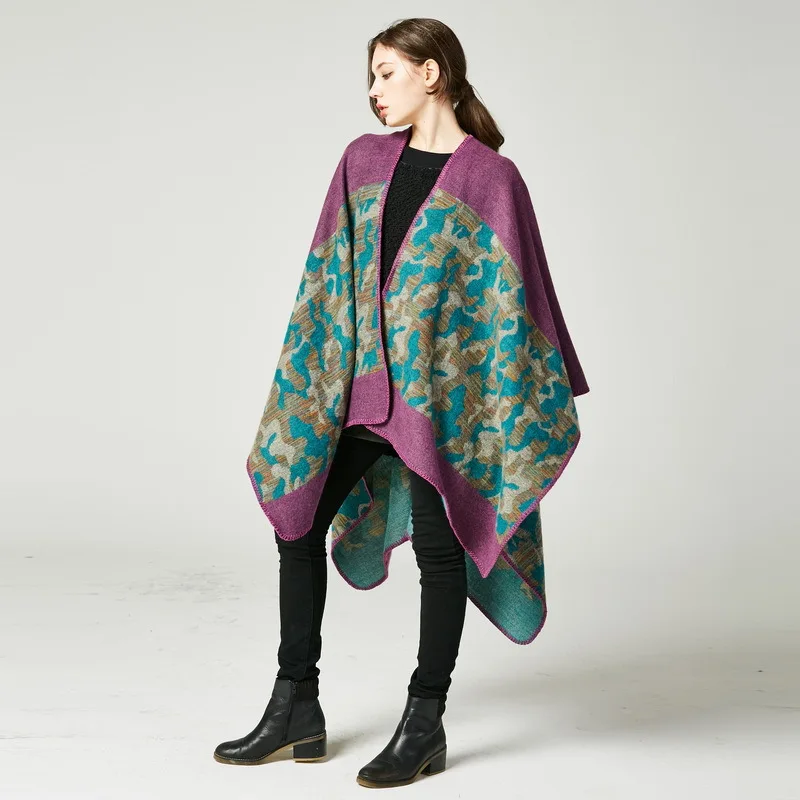 2021 European And American Foreign Trade Ladies Fashion Camouflage Cashmere Imitation Fork Lengthened Thickened Shawl |