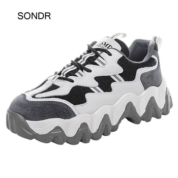 

2020 Shoes Women Patchwork Sneakers Genuine Leather Spring Ladies chunky footware Rhinestones Female zapatos de mujer Breathable