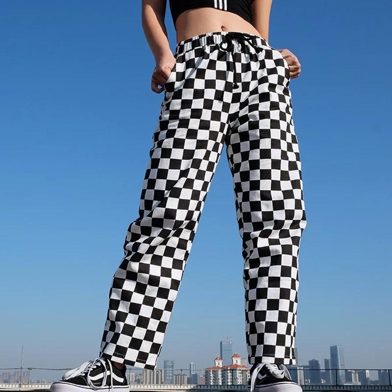 

European and American women's black and white wide-leg trousers checkerboard pattern contrast color slimming casual trousers