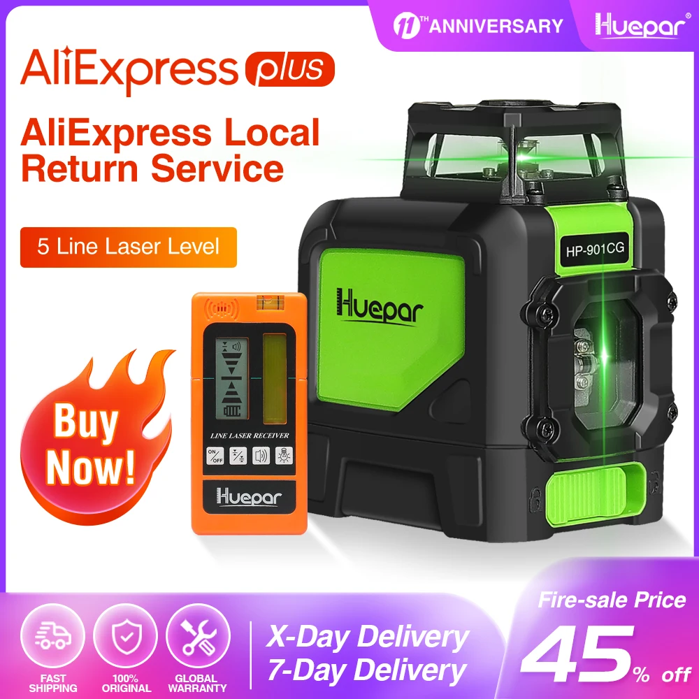 Huepar Laser Level Green Beam Cross Laser Self-leveling 360-Degree with 2 Pluse Modes+Huepar Digital LCD Laser Receiver Detector