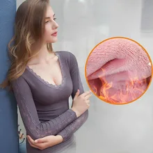 Женские Бархатные Топы для сна, сексуальное кружевное нижнее белье, осенне-зимняя трикотажная одежда для сна, Дамское плотное теплое белье с длинным рукавом и v-образным вырезом