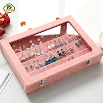 

MSJO Jewelry Storage Box Organizer Luxury Velvet for Women Desktop/Bathroom Organization Earring with Glass Cover Dustproof Box