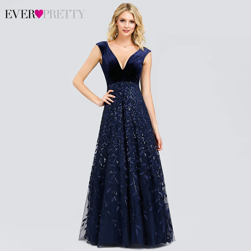 

Elegant Navy Blue Prom Dresses Ever Pretty Sequined A-Line Double V-Neck Tulle Evening Party Gowns Vestidos Ceremonia Mujer 2019