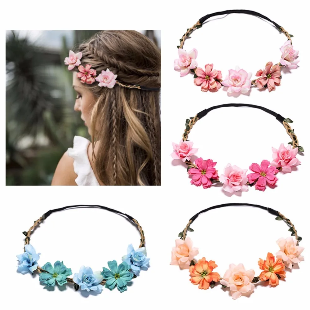 

Bride Flower Crown Hair Band Wedding Floral Headband Garland Girl Flower Wreath Elastic Hair AccessoriesParty Wedding Headpiece