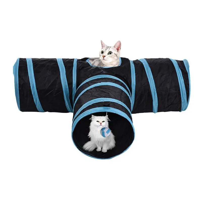 Cat Tunnel 3 Way Collapsible Pet Cat Play Tunnel with Ringing Ball, Spacious Tube Fun for Cat Puppy Kitten Blue+ black