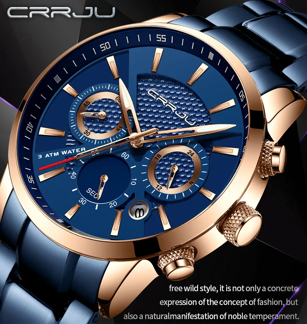 CRRJU, лидер продаж, деловые мужские часы, модные, синие, с хронографом, со стальным ремешком, наручные часы, повседневные, водонепроницаемые, relogio masculino