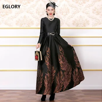 

2019 Autumn Fashion Ball Gown Dress High Quality Women O-Neck Vintage Jacquard Print Long Sleeve Evening Party Gowns Vestidos