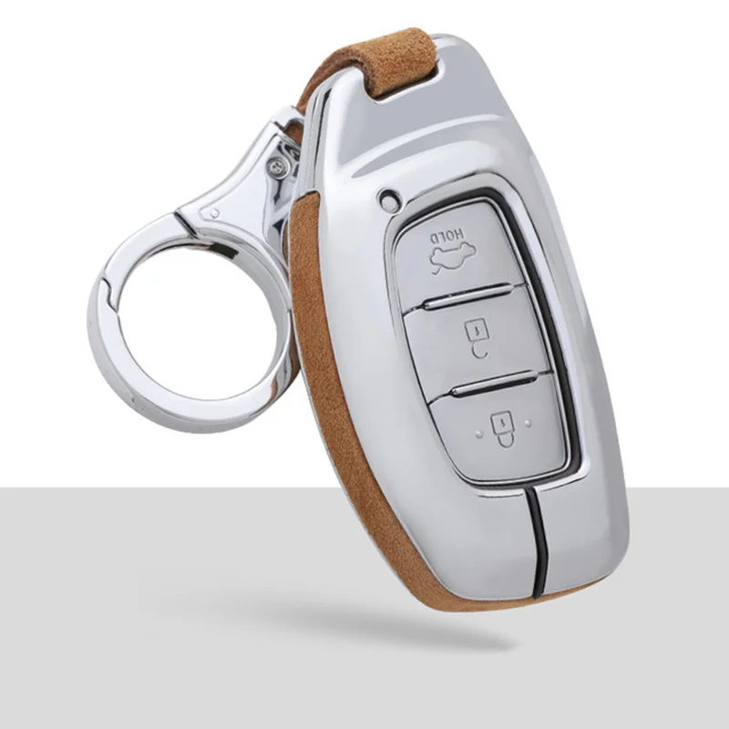 Suede Leather Zinc alloy car key protection case cover For Hyundai Verna Sonata Elantra Tucson Auto car styling holder keychain - Название цвета: A-brown keychain 1