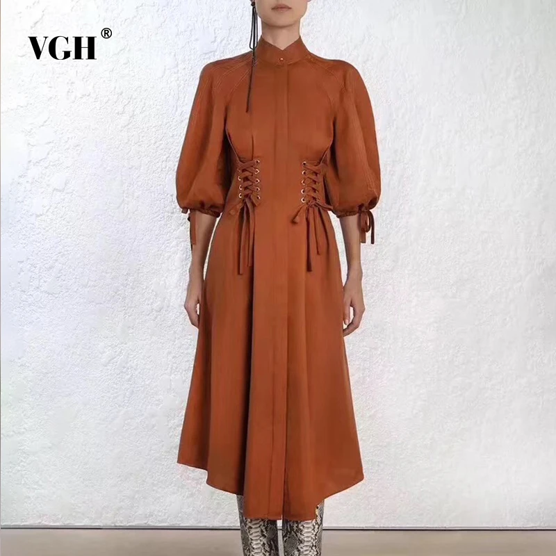 VGH винтажные повязки Bowknots женское платье стоячий воротник фонарь рукав Высокая талия повседневные миди-платья Женская мода Новинка