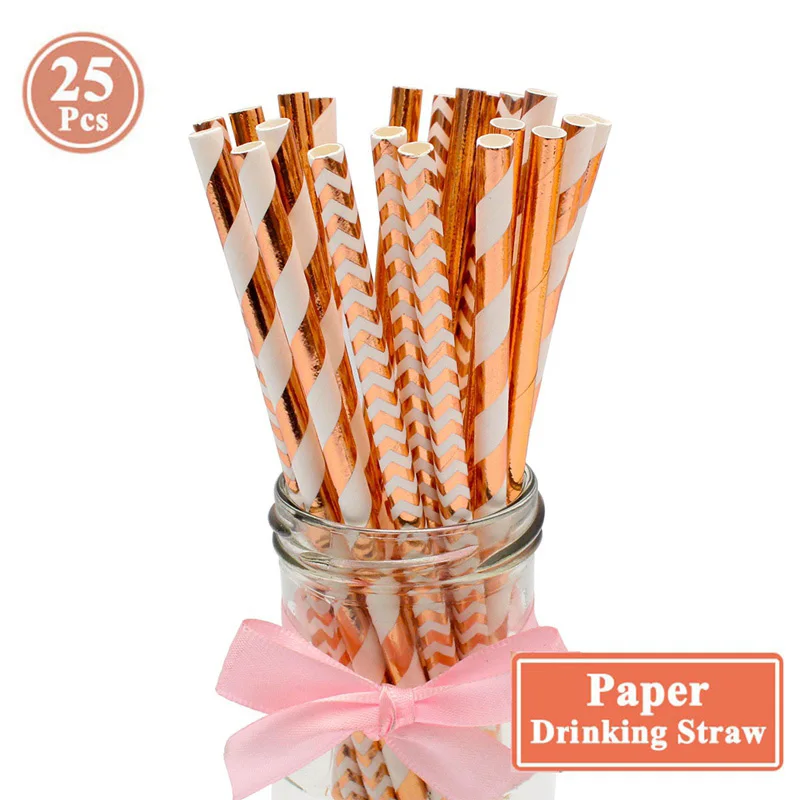 25pcs paper straw Розовое золото первый счастливый плакат "с днем рождения" 1 день рождения украшения ребенок мальчик девочка мой 1 год Декор ко дню рождения поставки - Цвет: 25pcs paper straw