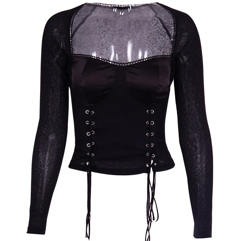 Black Gothic Vintage Square Neck Tee Shirt Women Lace Up Low Cut Long Sleeve Crop Tops Elastic 2018 Autumn Tie Clothes | Женская одежда