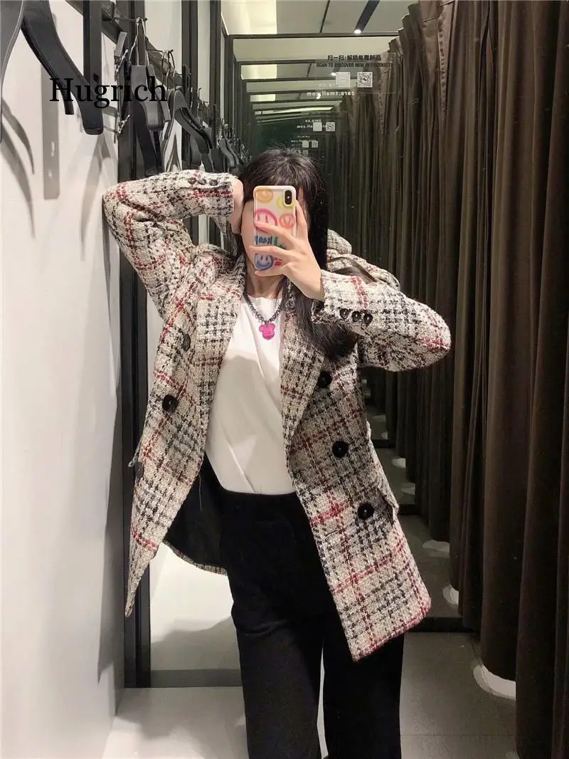 Women 2021 Fashion Double Breasted Tweed Check Blazers Coat Vintage Long Sleeve Pockets Female Outerwear Chic Tops