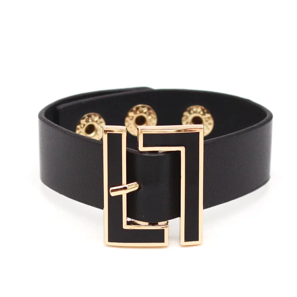 Metal Bracelet Fashion Wide Leather Bracelet for Women Black Geometric Metal Bracelet Wrap Charm Jewelry Femme Gift leather bracelet