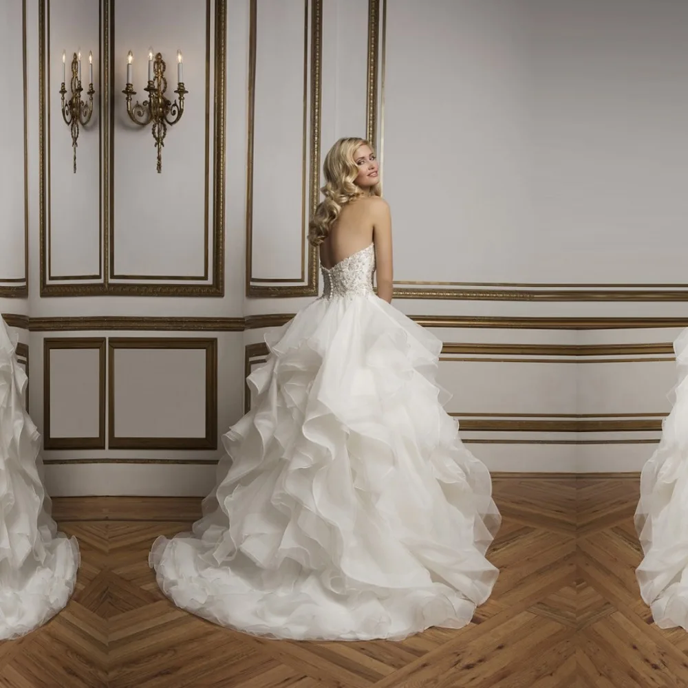 

Luxury 2018 Beading Crystal Button Snow White Ruffle Floor Length Bridal Gown Custom Princess mother of the bride dresses